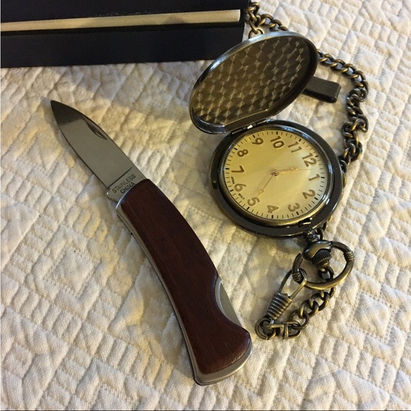 NEW Vintage Classic Grandpa Pocket Watch and Knife Set - Brown and Gold - Picture 2 of 12